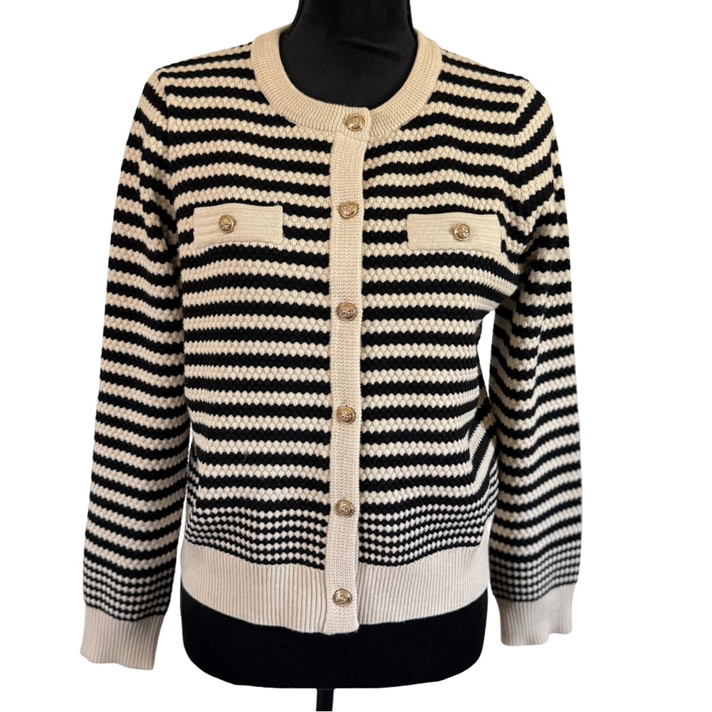 Adrianna‎ Papell Cream Black Striped Button Front Cardigan S Gold Button Knit - Picture 3 of 7